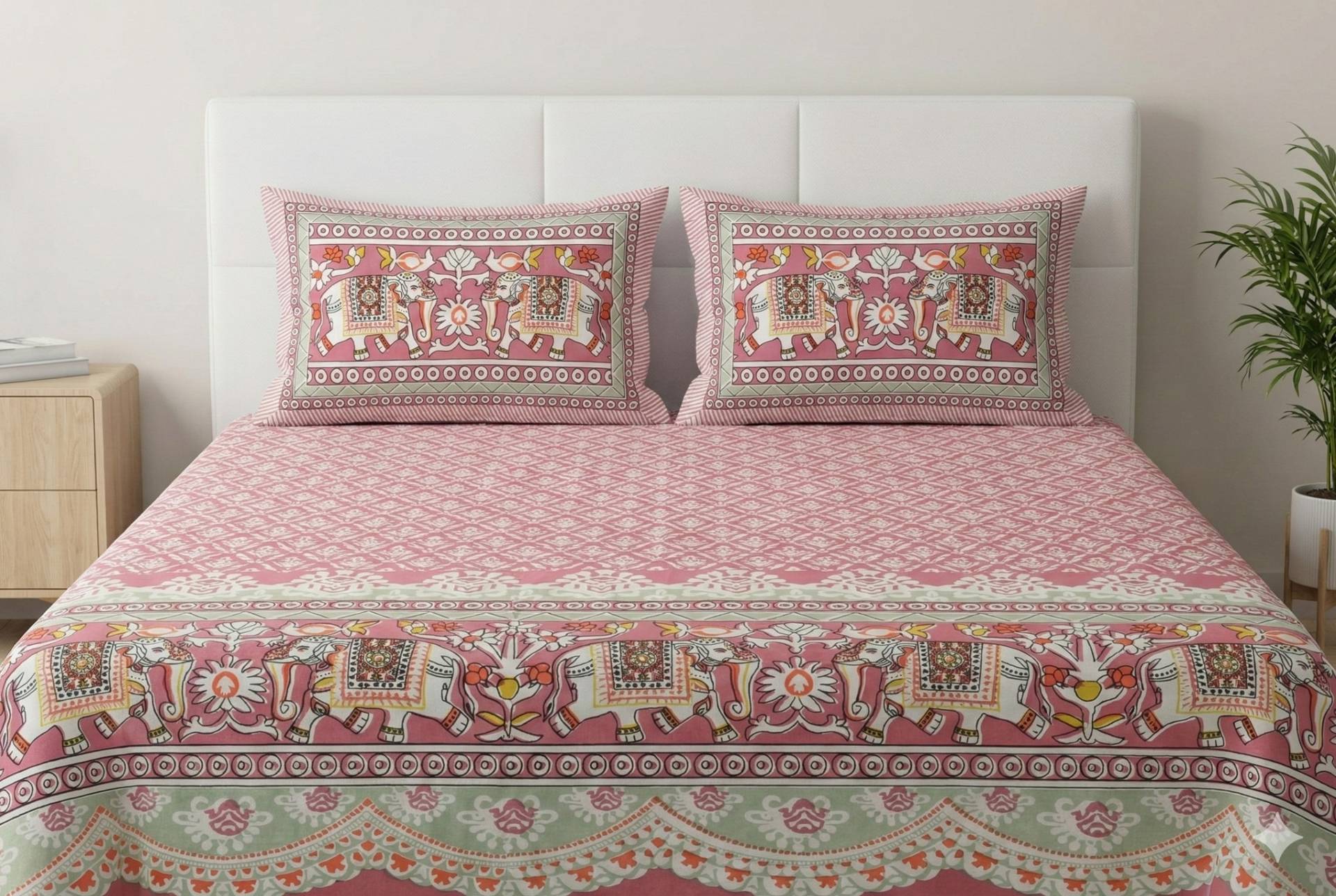 Bedsheet with Elephant & Floral Motifs – Pink Kaibee (photo 1 of 3) – KaiBee