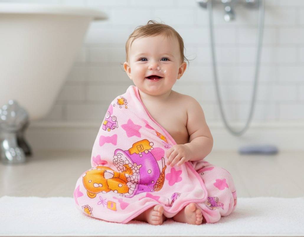 Soft Pink Cartoon Print Baby Bath Towel  – Pink Kaibee (photo 1 of 3) – KaiBee