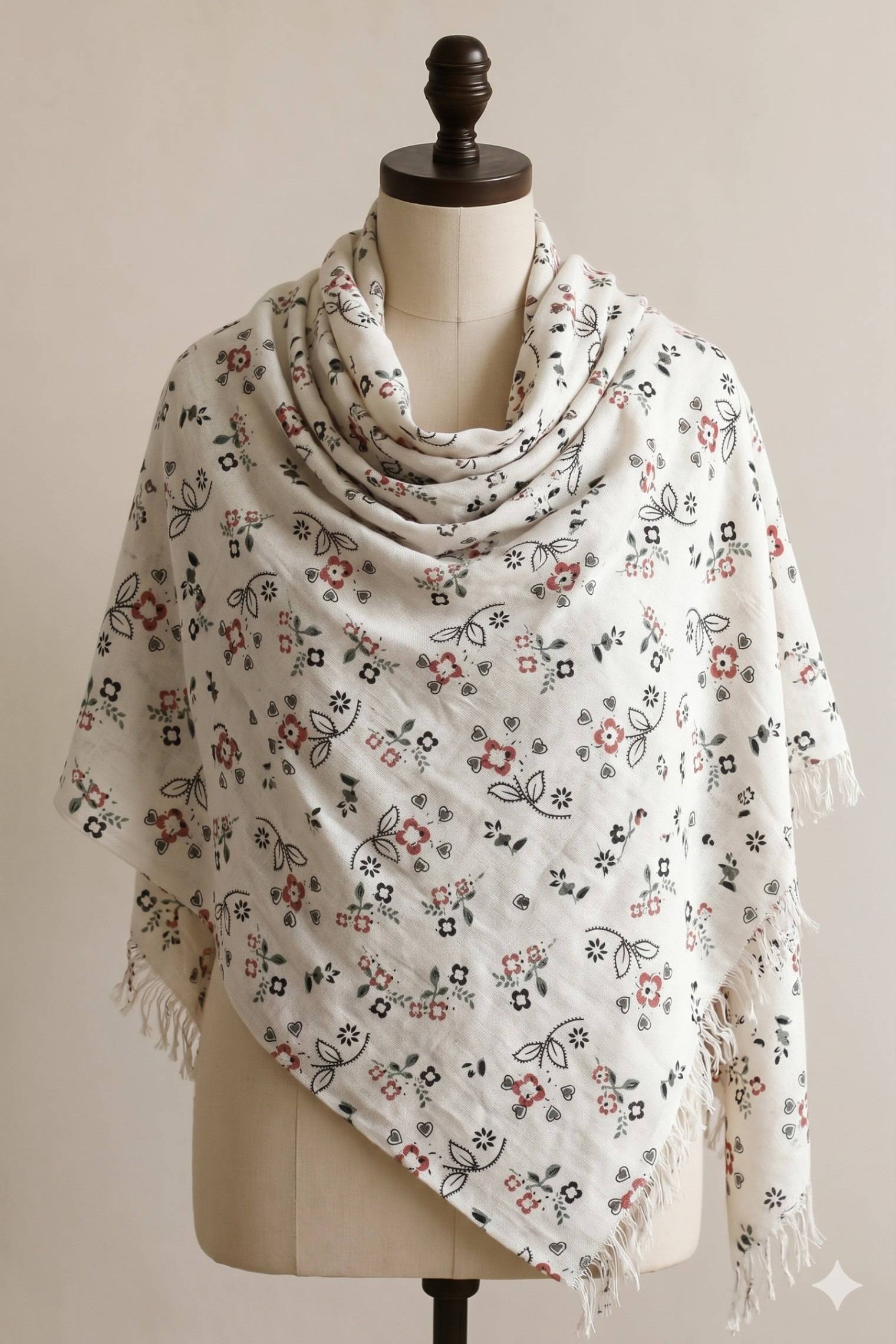 Printed Cotton Shawl With Tiny Flowers – White Kaibee (photo 1 of 2) – KaiBee