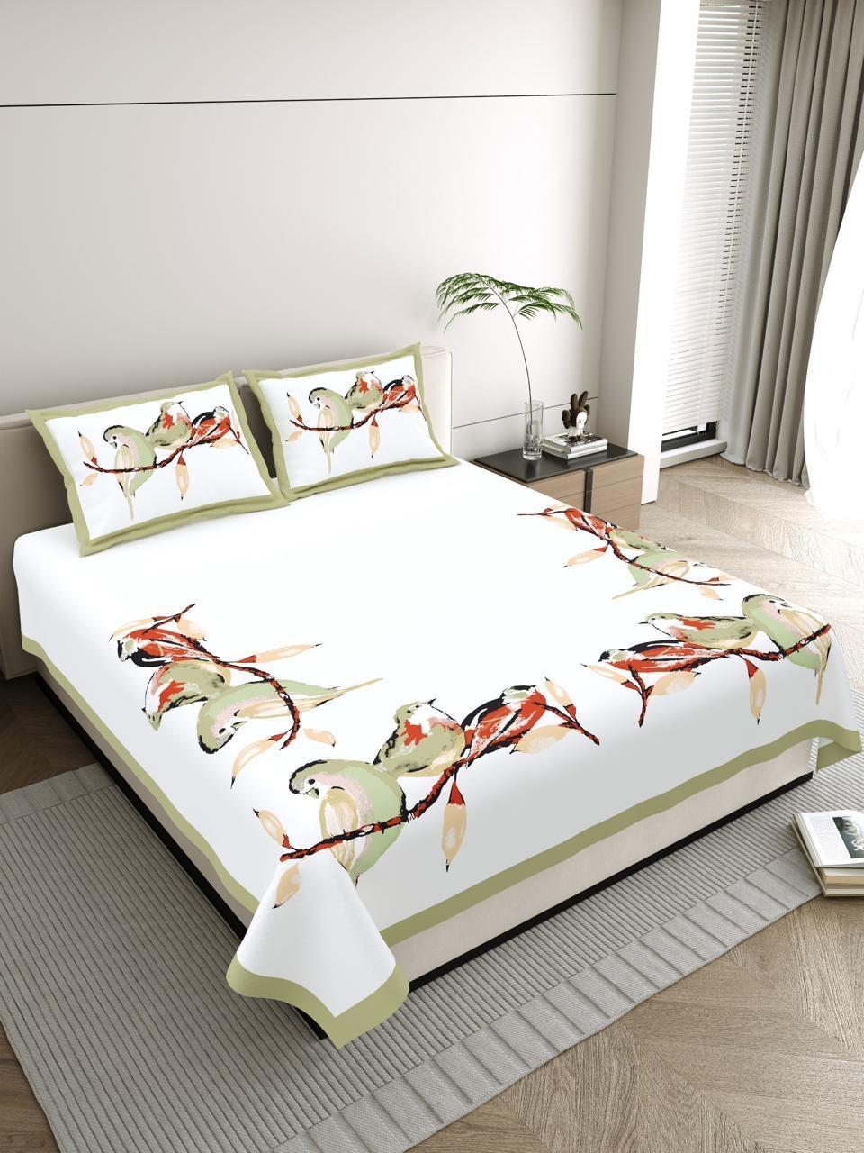 White Bedsheet with Artistic Bird Print