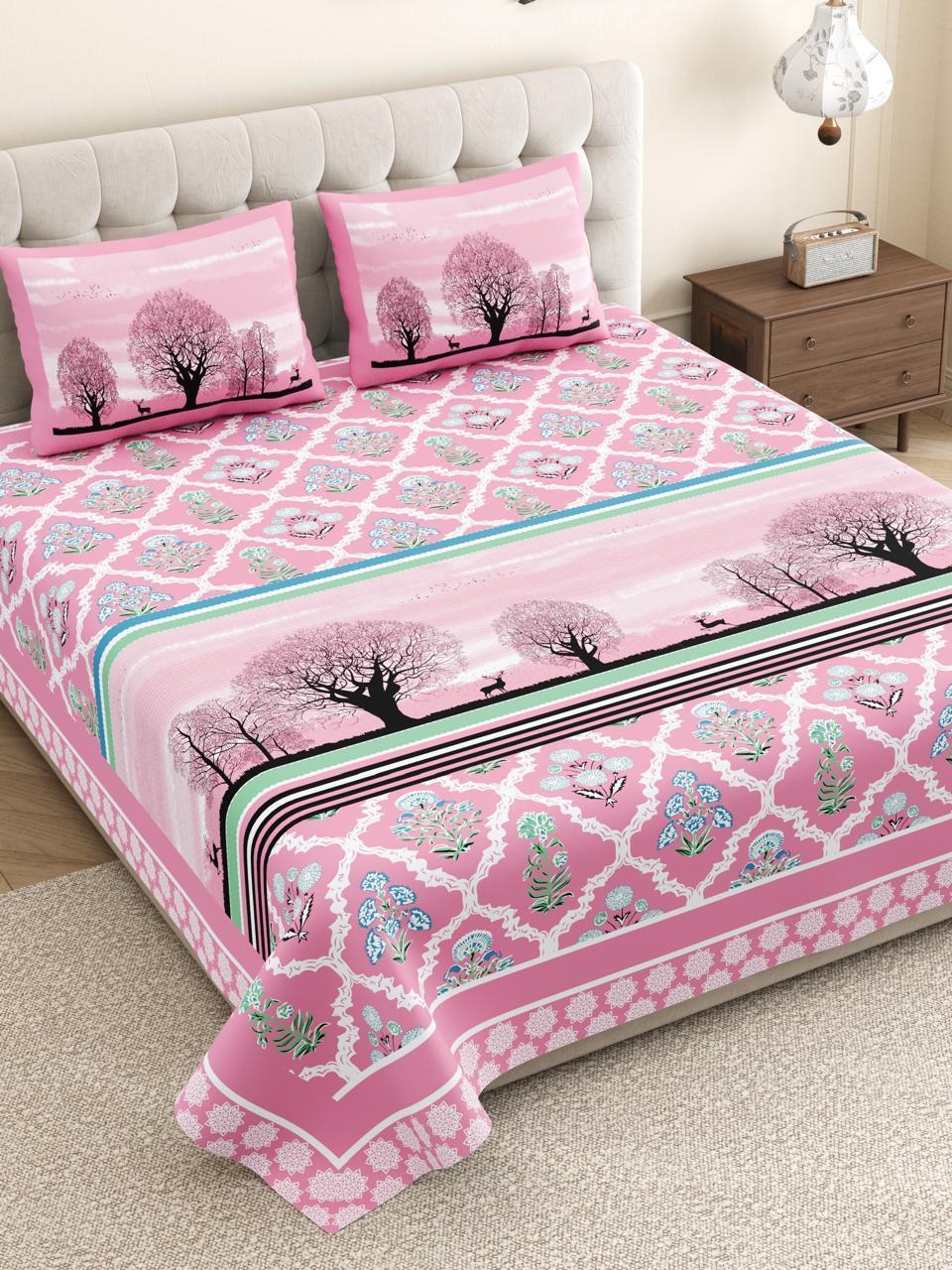 Bedsheet with Tree Silhouette & Floral Print