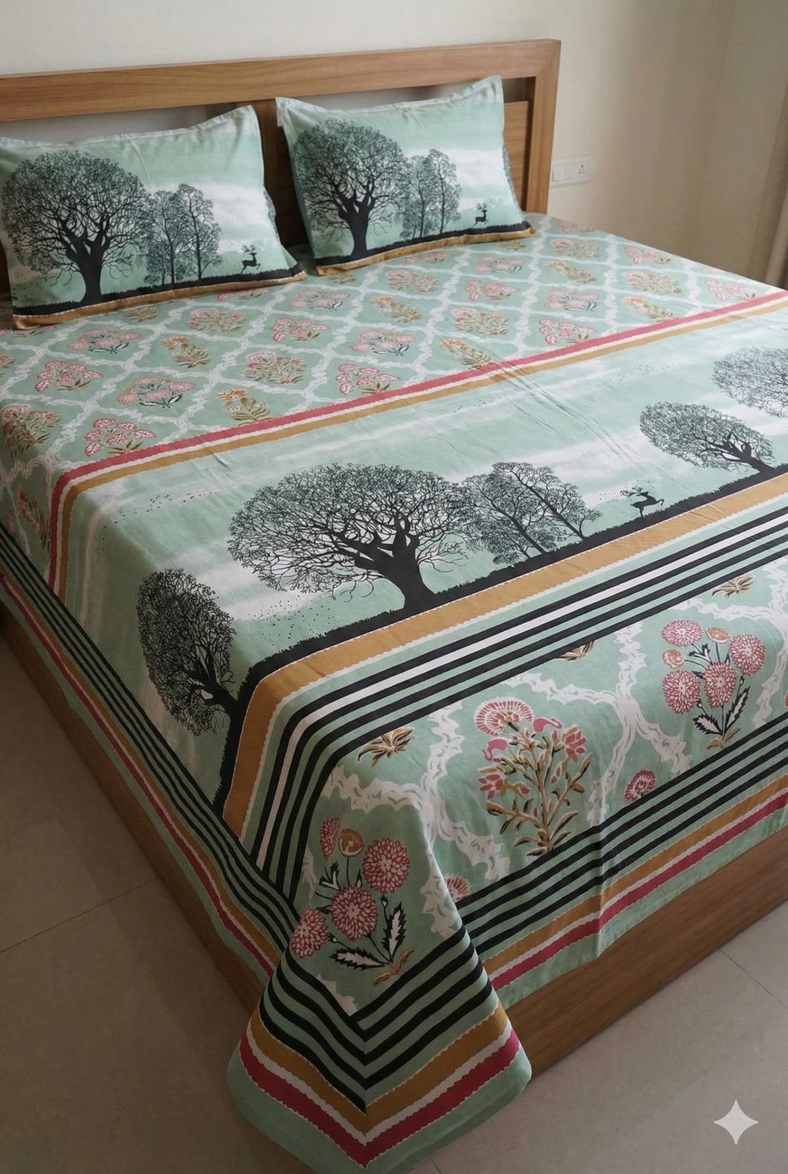 Bedsheet with Tree Silhouette & Floral Print