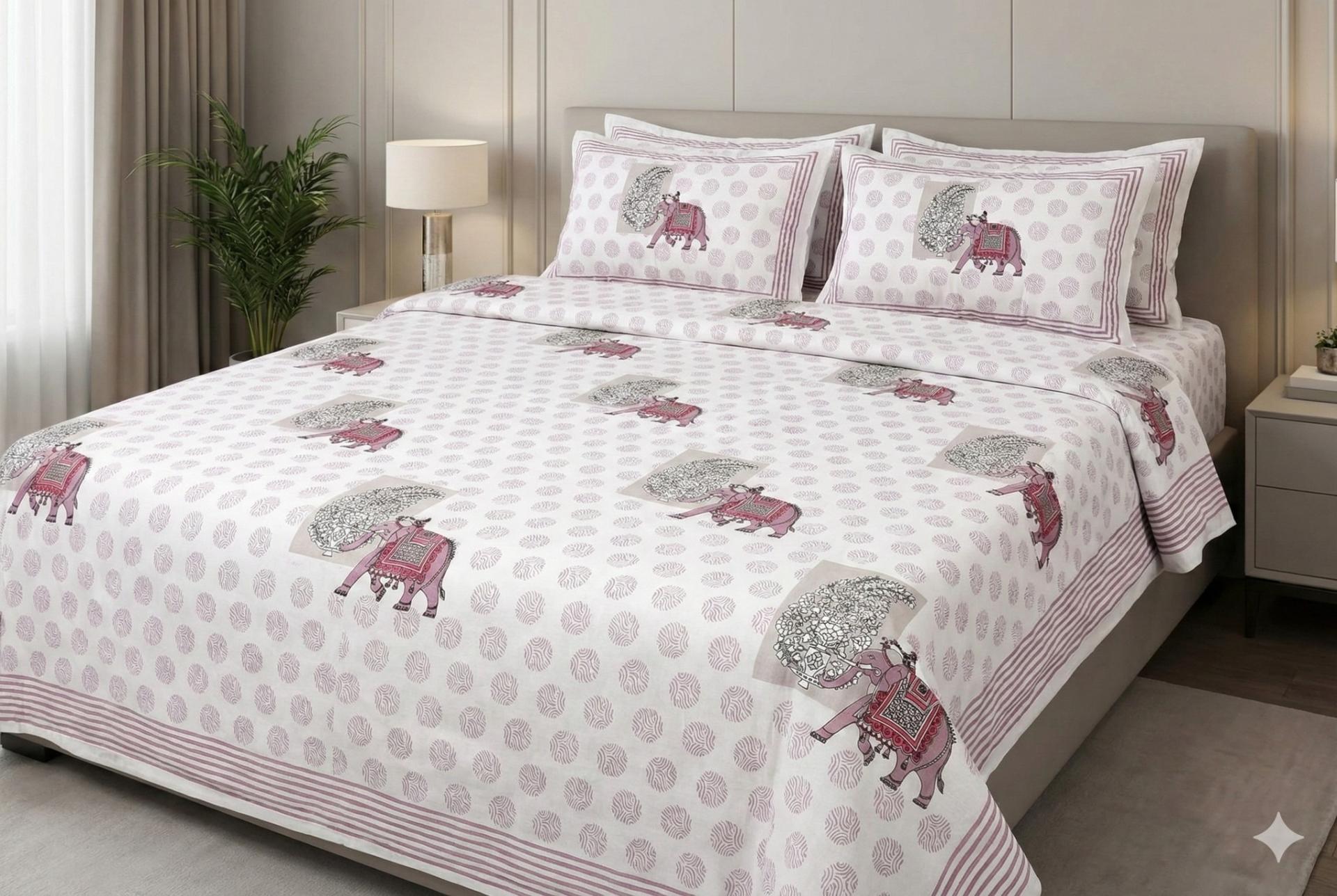 Ivory Elephant Motif Ethnic Cotton Bedsheet Set – image 0
