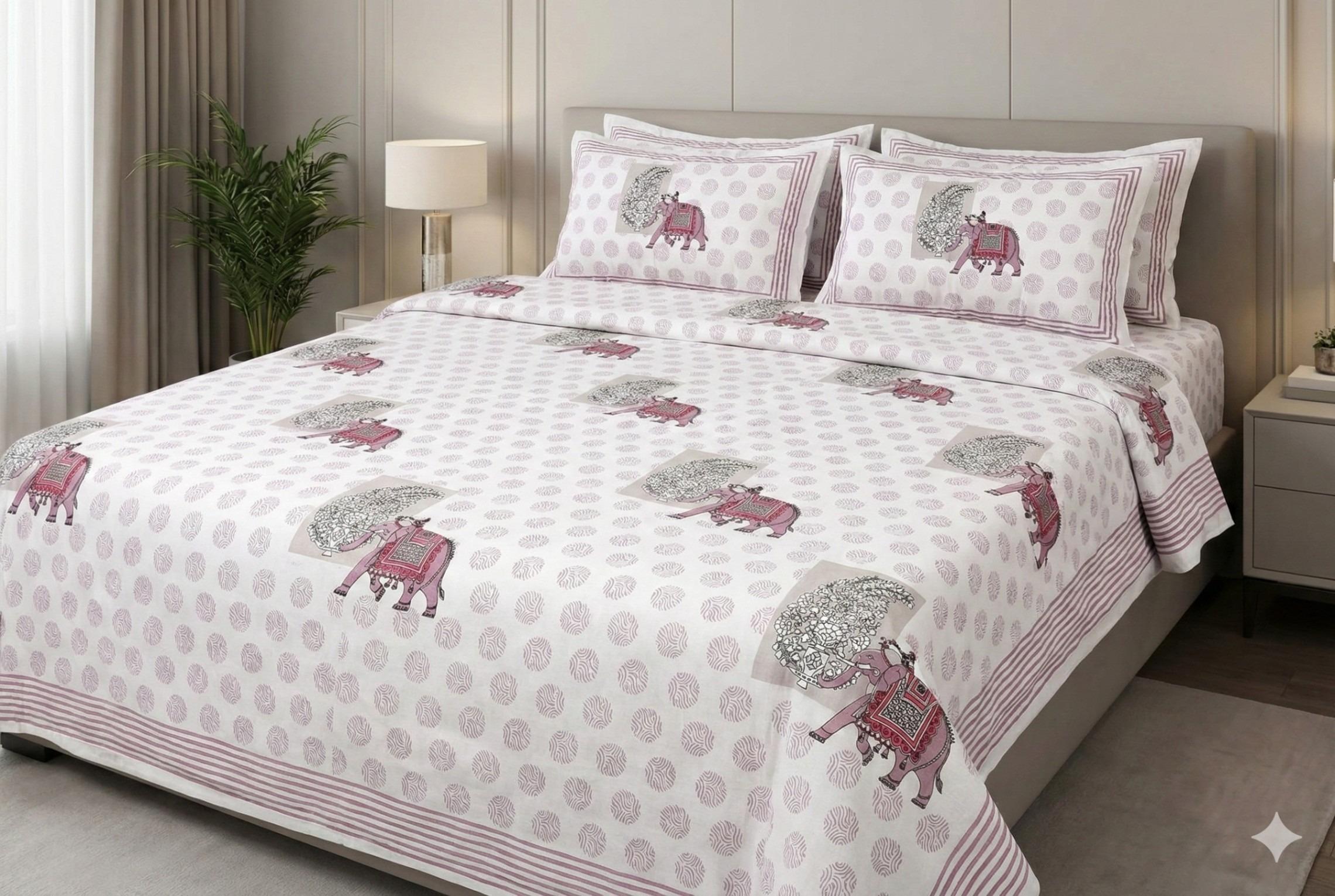 Ivory Elephant Motif Ethnic Cotton Bedsheet Set