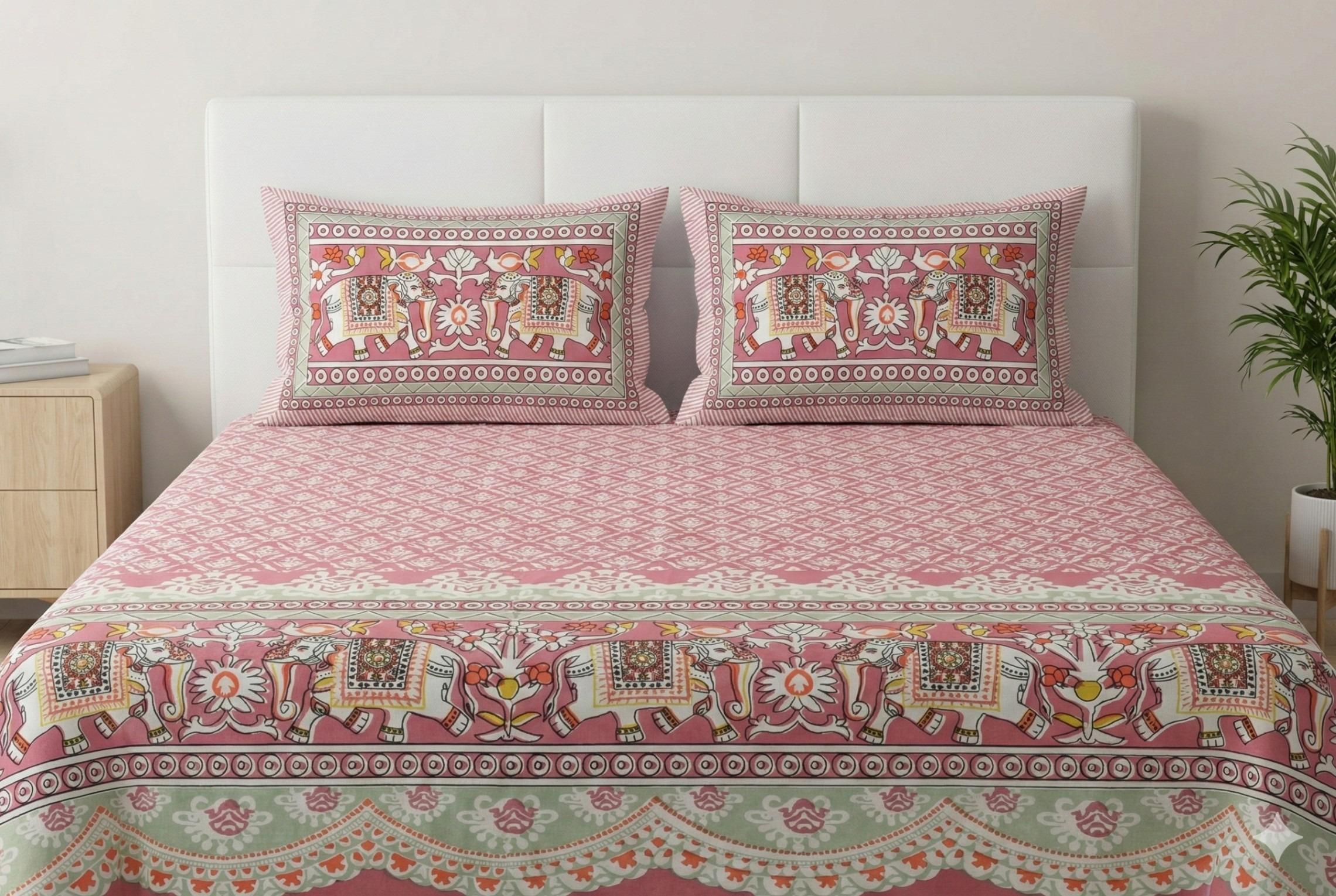 Bedsheet with Elephant & Floral Motifs