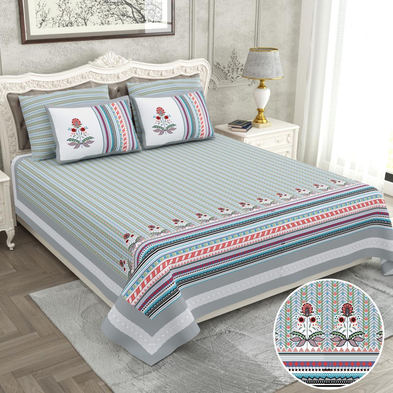 Bedsheet with Floral and Striped Design