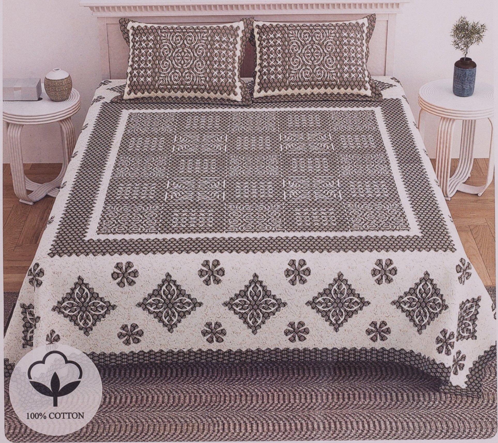 Beige & Brown Geometric Floral Print Cotton King Size Bedsheet