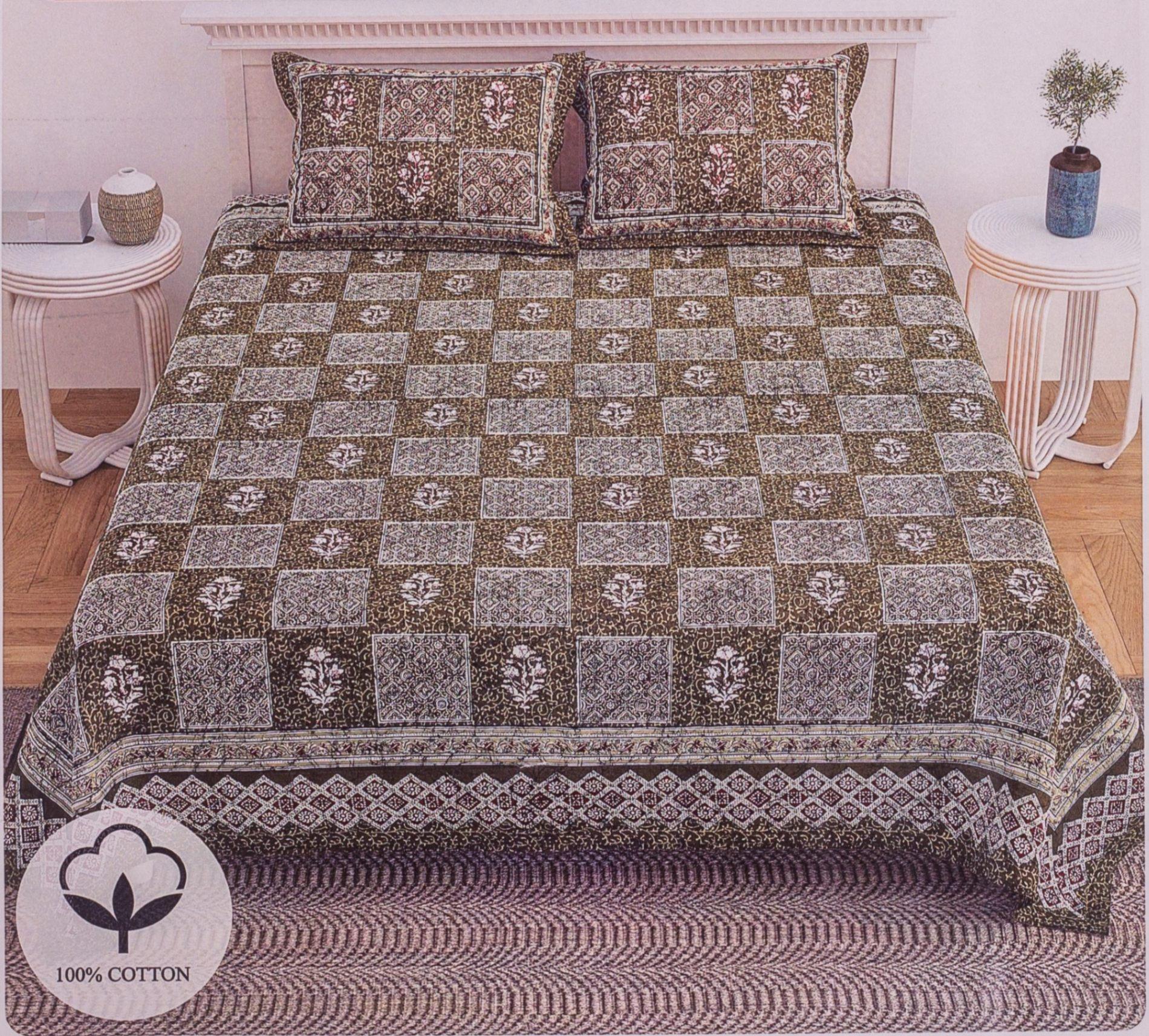 Beige Checkered Floral Print Cotton King Size Bedsheet – image 0