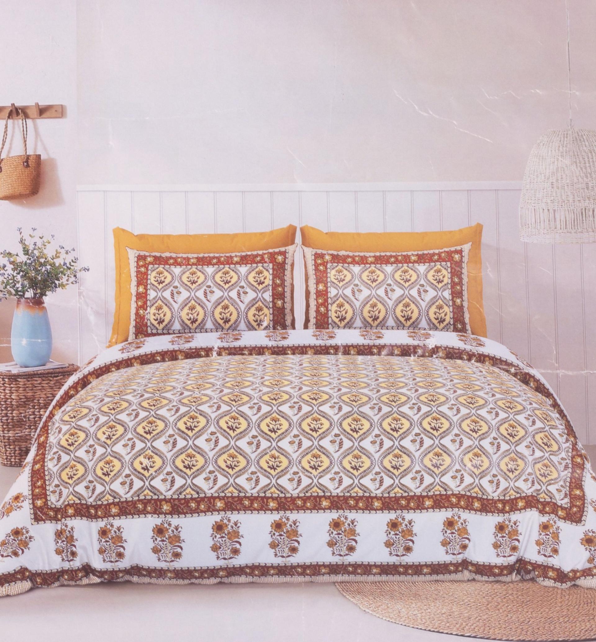 Yellow Brown Floral Block Printed Bedsheet – image 0