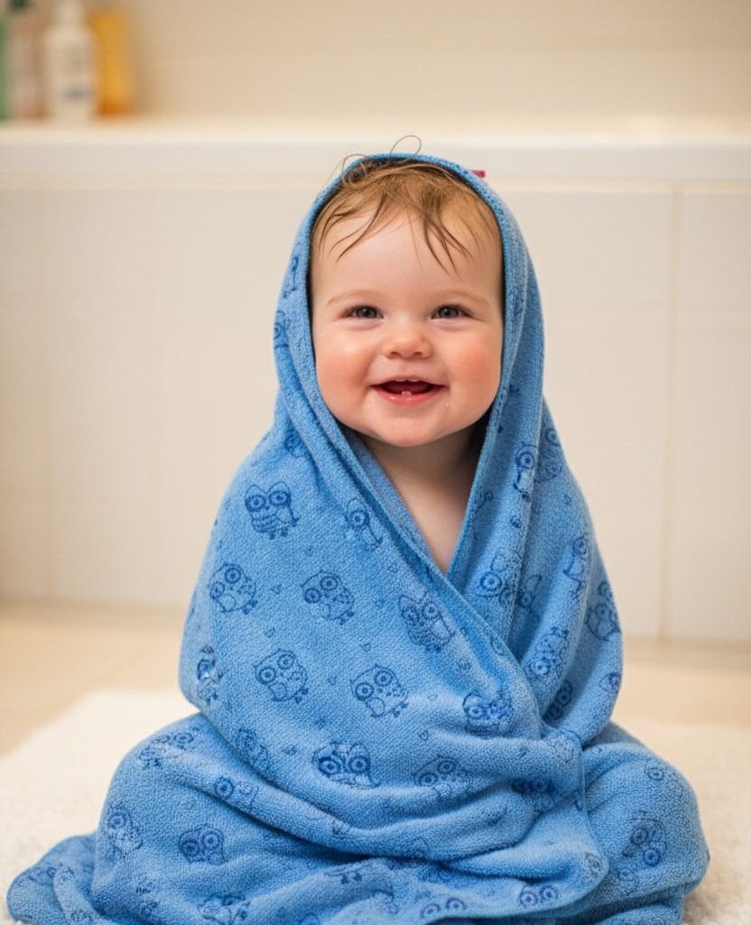 Soft Blue Cartoon Owl Print Baby Bath Towel – image 0