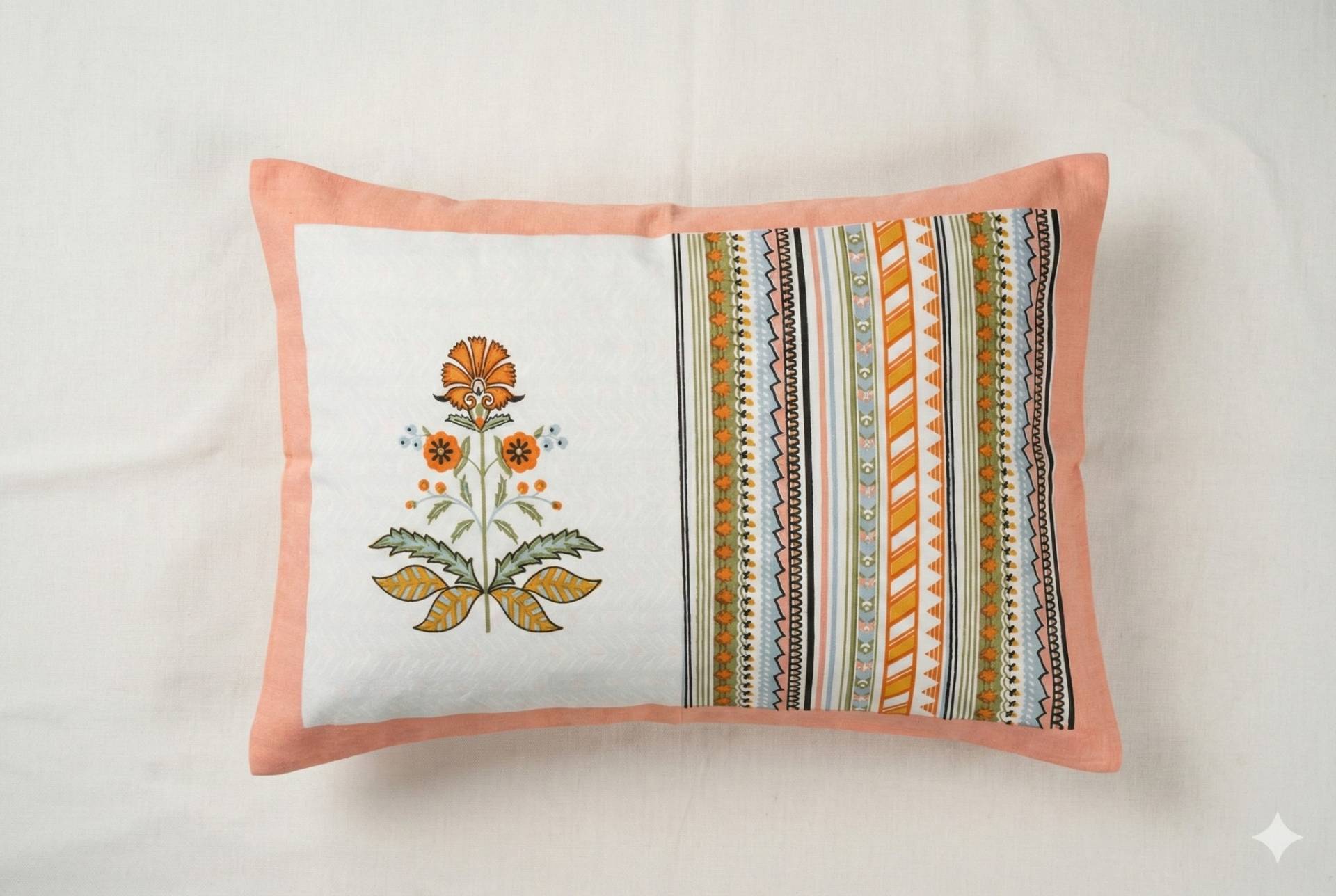 Bedsheet with Floral and Striped Design – green & saffron mix Kaibee (photo 2 of 4) – KaiBee