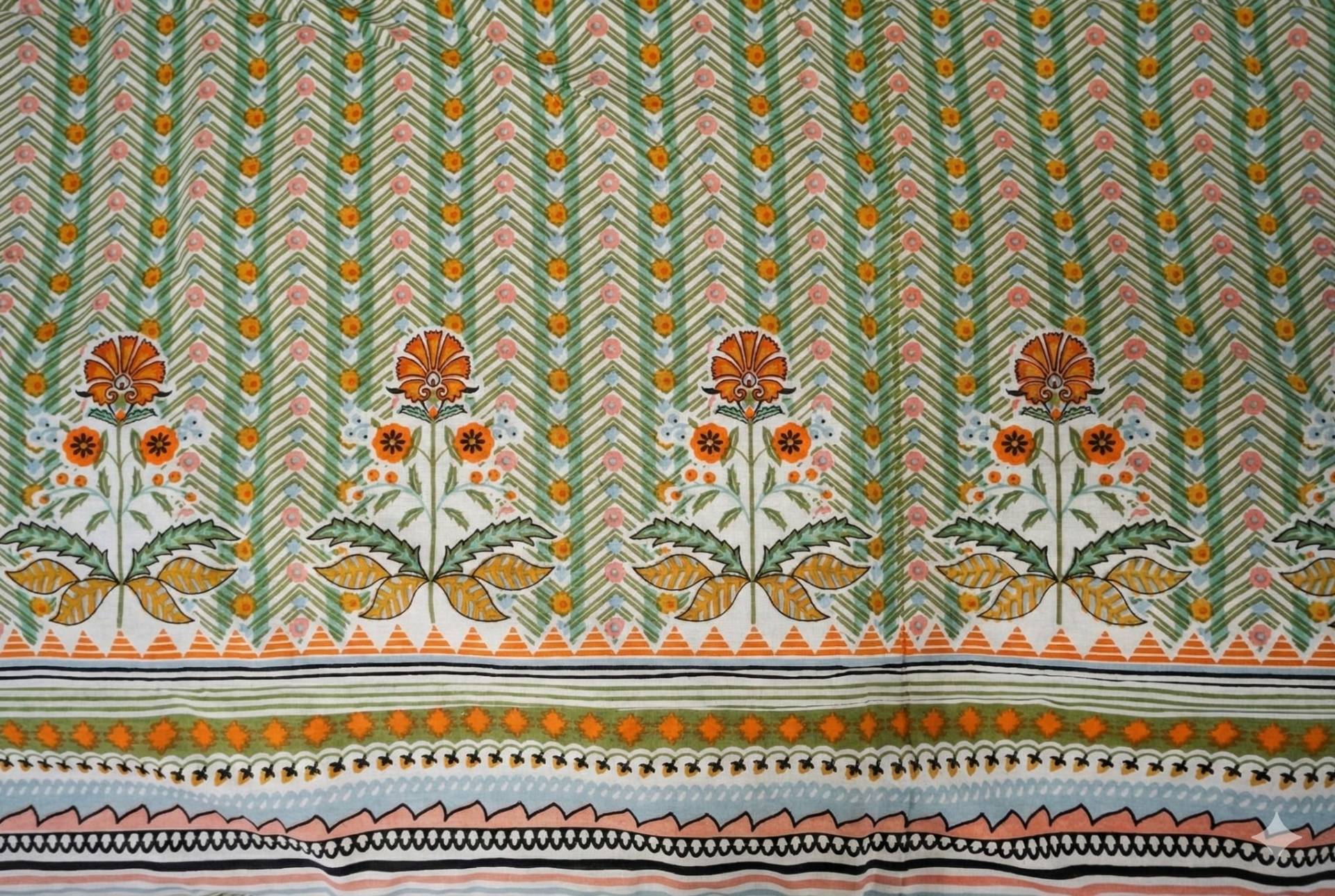 Bedsheet with Floral and Striped Design – green & saffron mix Kaibee (photo 3 of 4) – KaiBee