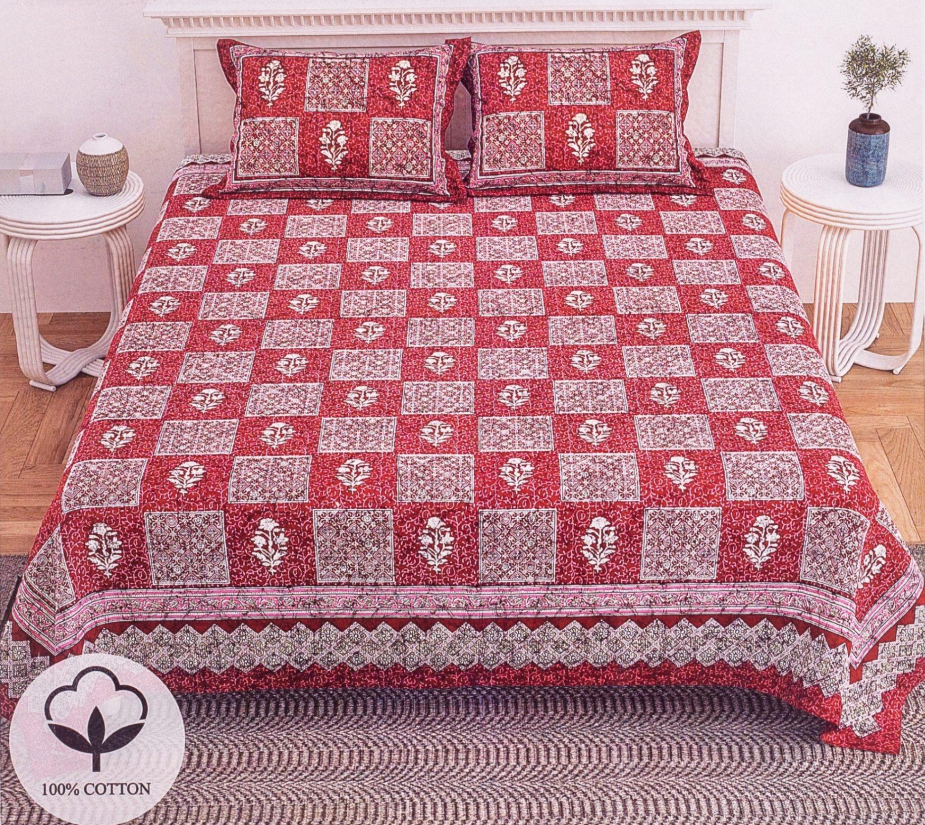 Red Floral Block Printed Bedsheet – image 0