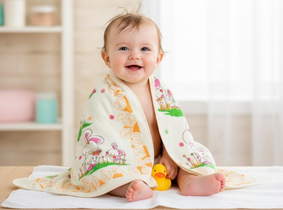 Cute Bunny and Bird Garden Print Baby Bath Towel